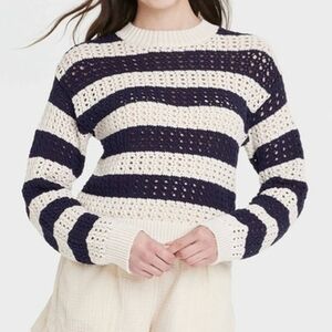 Universal Thread Women's XS Open-Knit Striped Sweater Navy Blue White Nautical